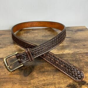 Mens 38 Belt Western Brown Leather Basket Weave Thick
